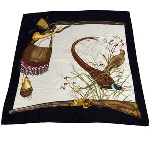 GUCCI Silk Scarf Pheasant Hunting Belt Italy 34" Square Luxury Black Gold FLAW